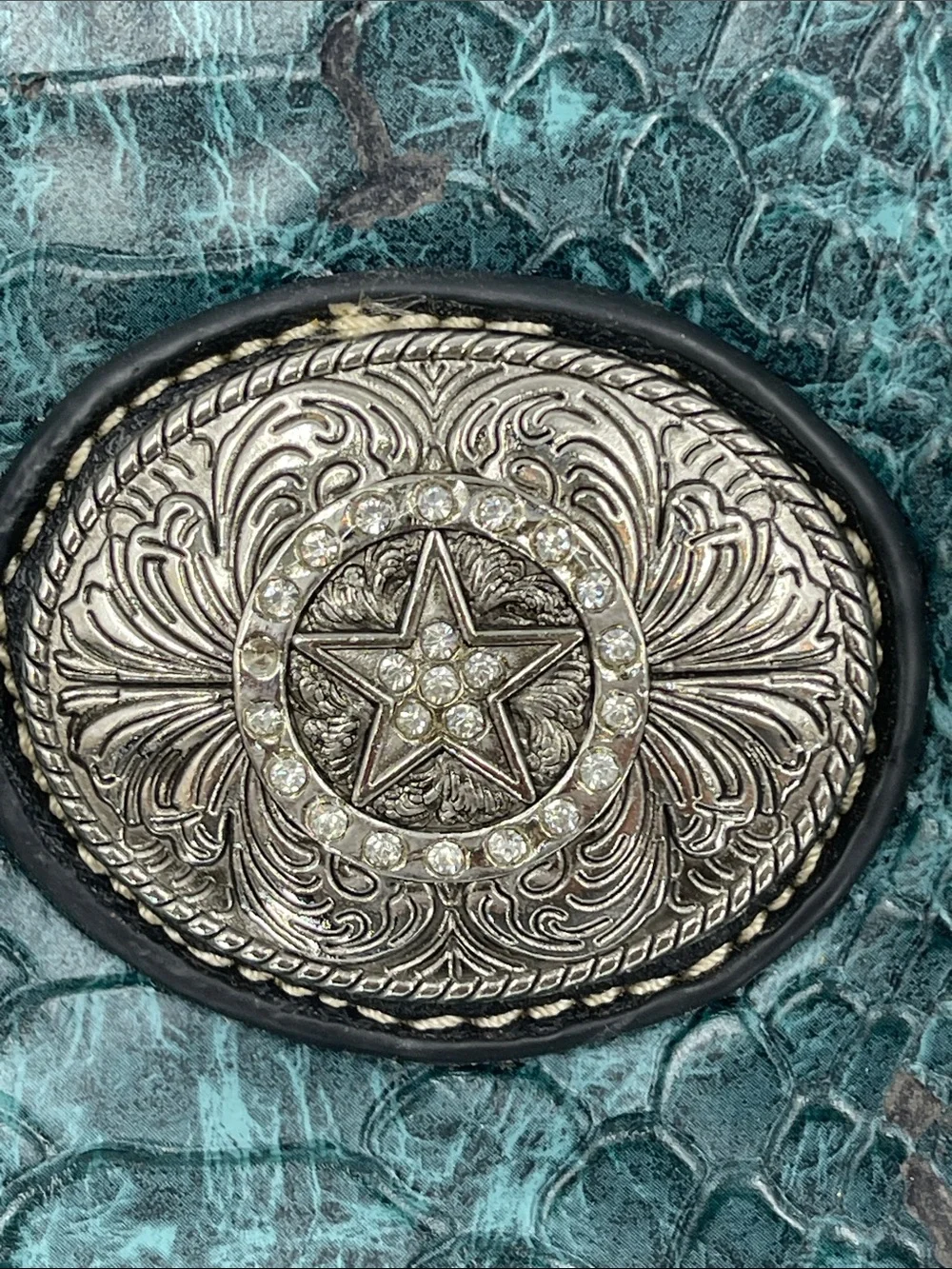 P&G Teal Textured Tote/SHOULDER Bag with Silver Conchos and Buckles